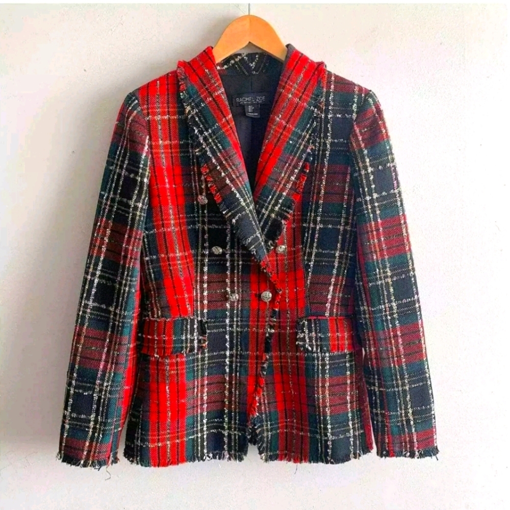 Rachel Zoe Plaid Frayed Double Breasted Blazer S - Picture 1 of 8